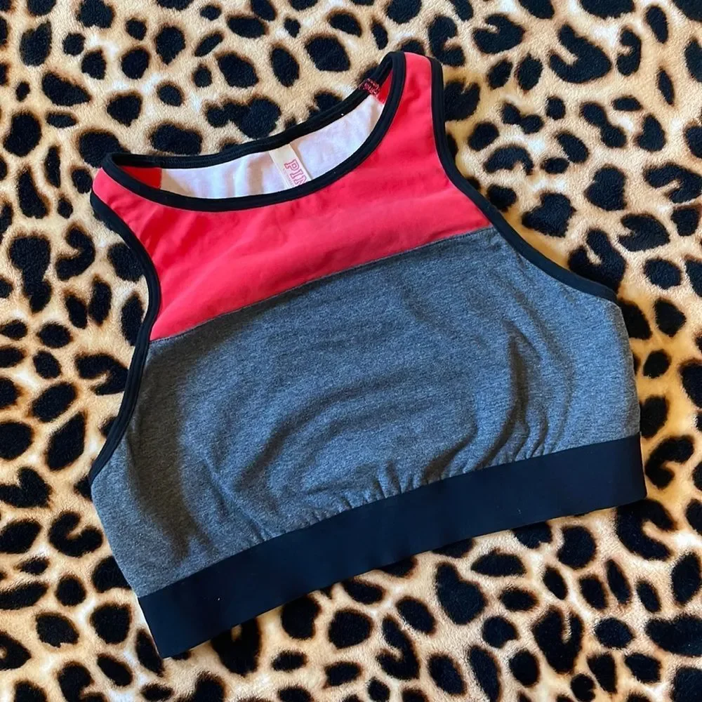 •PINK•VSP HIGH NECK BLACK/RED/GREY RACERBACK CROP SPORTS BRA SIZE MEDIUM